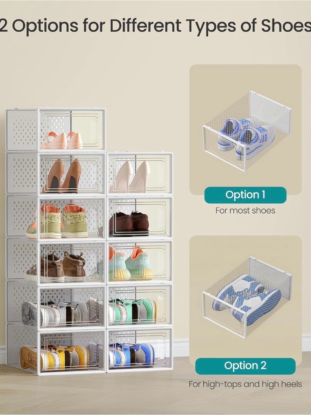 SONGMICS Set of 11 Clear Stackable Shoe Storage Boxes White Front-Opening